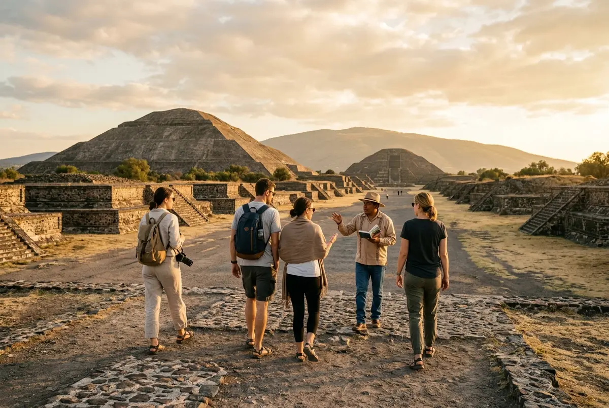 Small group of travelers walking the Avenue of the Dead with a local guide at golden hour, illustrating a teotihuacan pyramids vip tour without commercial stops