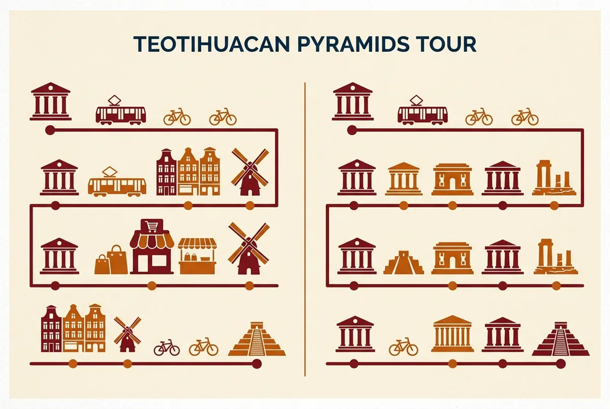 Side by side infographic comparing two Teotihuacan tour itinerary timelines, one labeled with a long shopping stop and one labeled without, for a teotihuacan pyramids vip tour without commercial stops