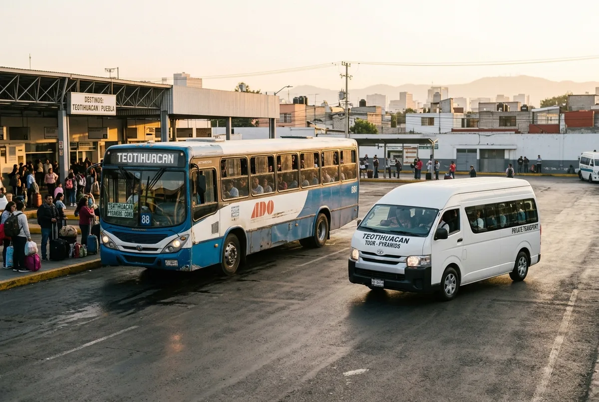 Public bus and private van both departing a Mexico City terminal toward the Teotihuacan pyramids in early morning light