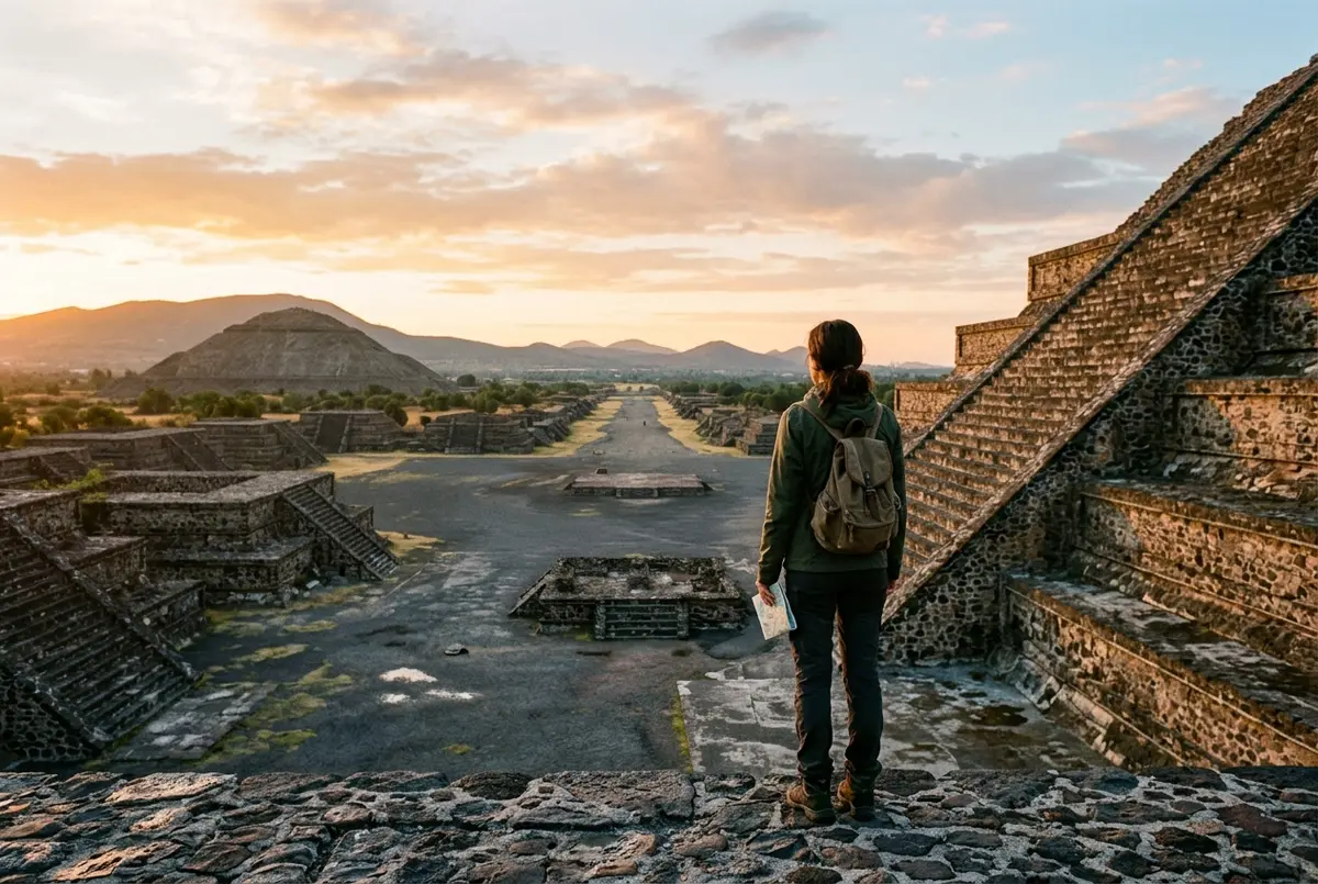 Traveler standing at the base of the Pyramid of the Sun looking up the Avenue of the Dead at sunrise, illustrating a first Teotihuacan visit