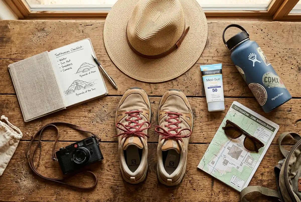 Flat lay of travel essentials, sturdy sneakers, a wide brim hat, sunscreen bottle, and a reusable water bottle, arranged for a teotihuacan tour packing checklist