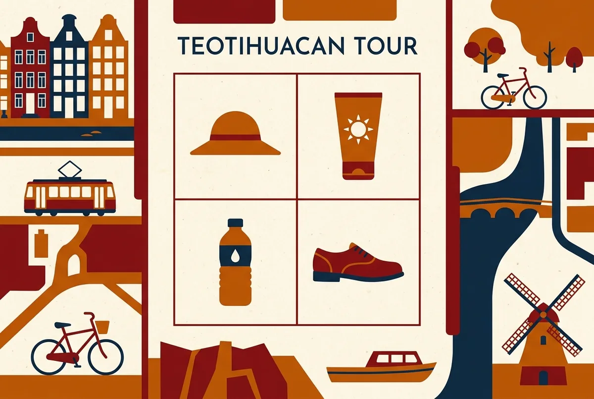 Simple icon grid infographic showing a hat, sunscreen bottle, water bottle, and closed toe shoe, each labeled as a teotihuacan tour packing essential