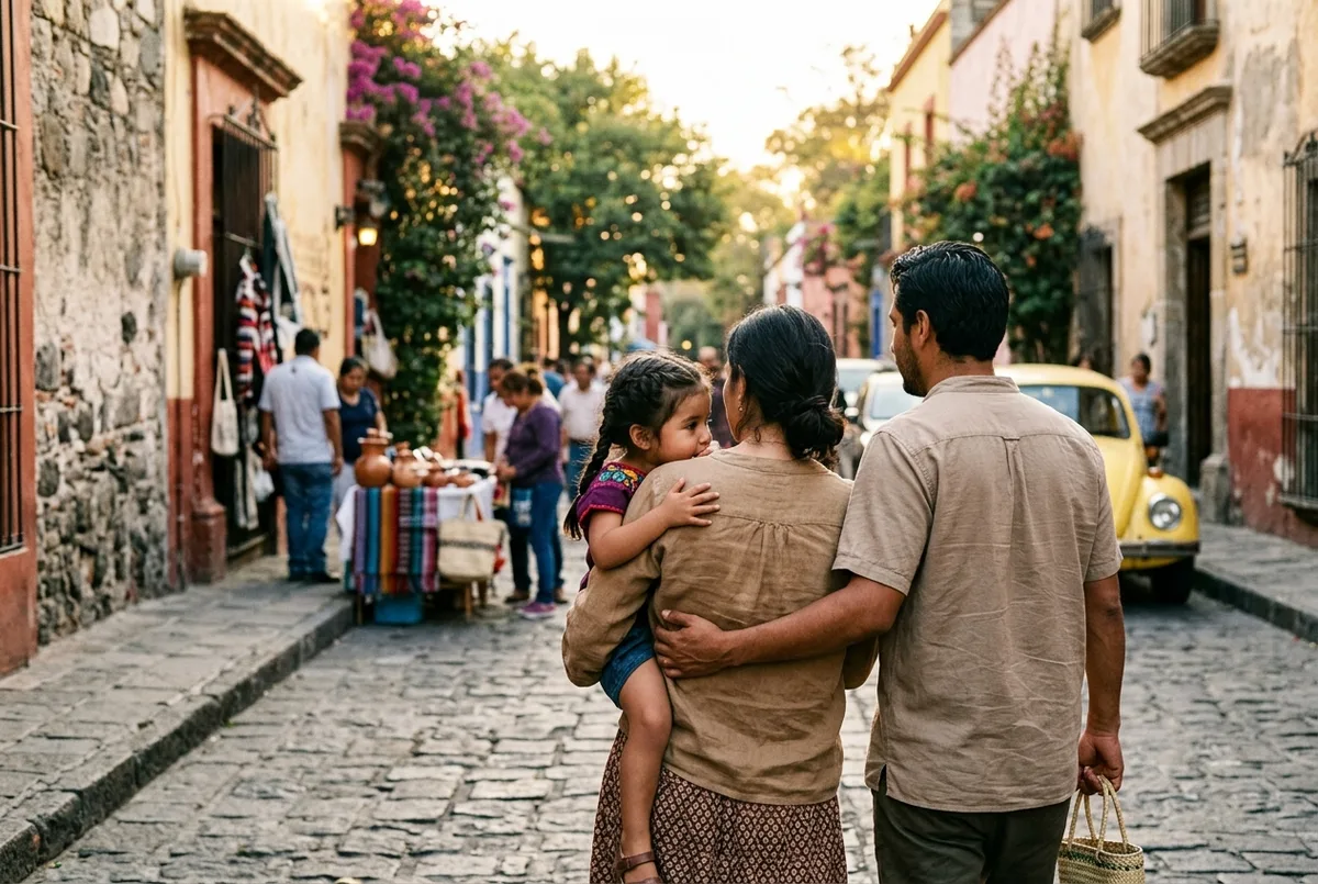 Parents holding a young child's hands at the base of the Pyramid of the Sun in Teotihuacan during a shaded early morning family visit
