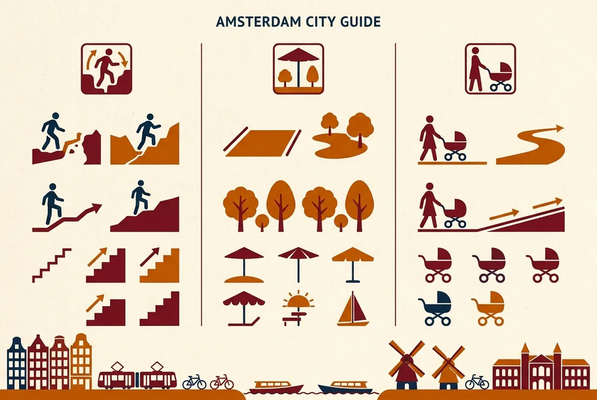 Simple infographic comparing family visit logistics at Teotihuacan, showing stair climbing difficulty, shade availability, and stroller access with generic icons and labels