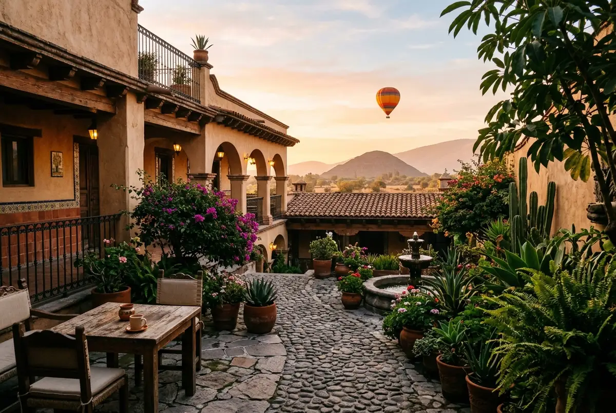 Boutique hotel courtyard near San Juan Teotihuacan at dawn with a hot air balloon visible rising in the distant sky